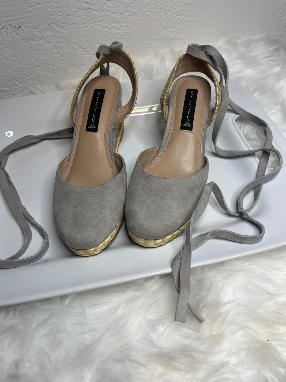 Steven By Steve Madden Gray Suede Espadrille Wedge Sandals with Ankle Tie
